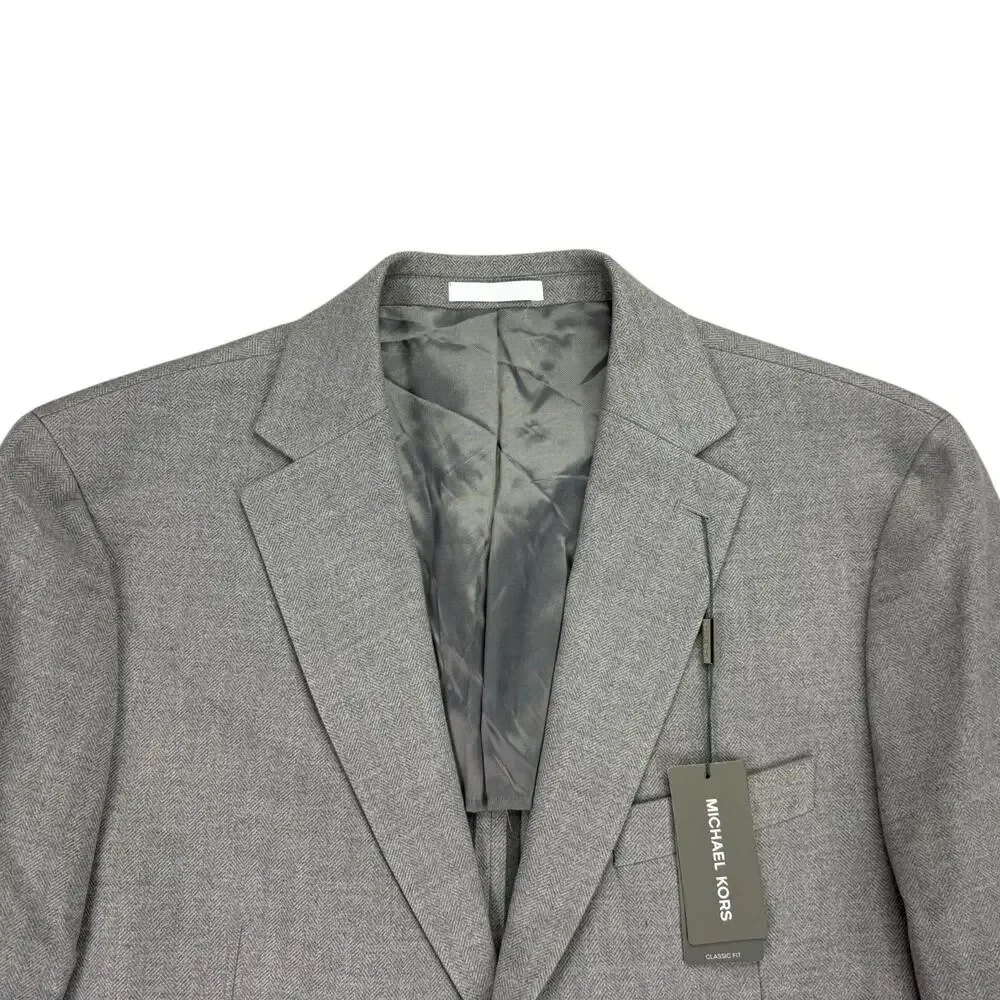 Michael Kors Mens Keates Classic Fit Herringbone Woven Sport Coat Light Gray 44R
